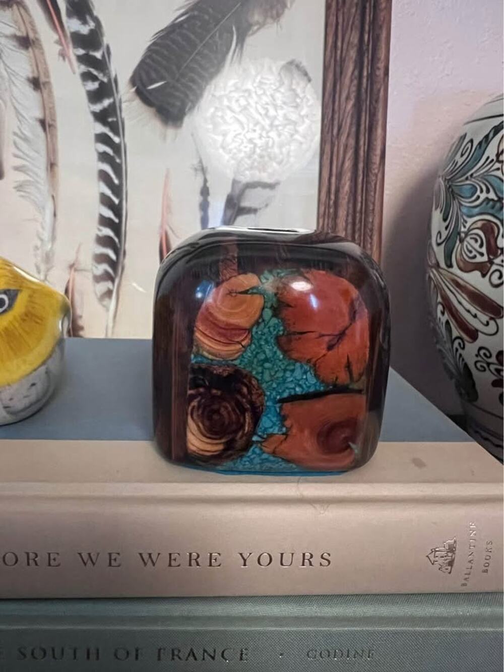 1970’s Wood and Turquoise Inlay Small Polished Vase